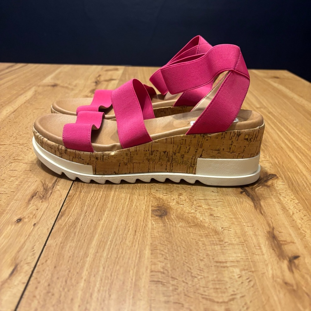Steve Madden Bandi Platform Wedge Sandal Pink Elastic Straps Cork Sole Size 7.5